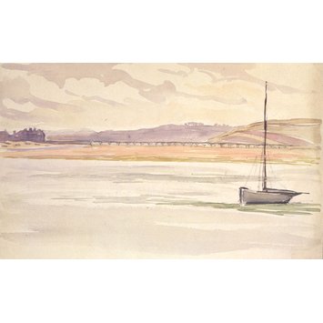 Drawing - View of a bridge from across a river, with boat in foreground Drawing - View of a bridge from across a river, with boat in foreground