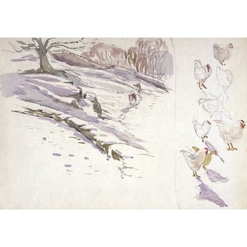 drawing - Snow scene with two cows (left) and sketches of chickens (right) drawing - Snow scene with two cows (left) and sketches of chickens (right)