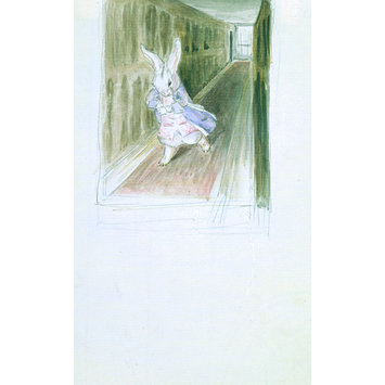 drawing - The White Rabbit running along a long panelled corridor drawing - The White Rabbit running along a long panelled corridor