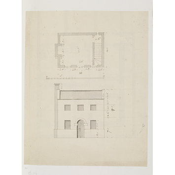 Design - Plan and front elevation of a small house for an unidentified project Design - Plan and front elevation of a small house for an unidentified project
