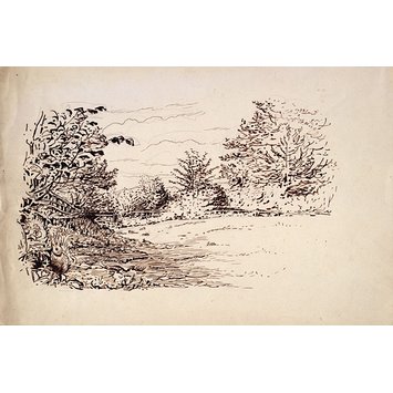 drawing - A meadow surrounded by woodland with a rabbit in the foreground drawing - A meadow surrounded by woodland with a rabbit in the foreground