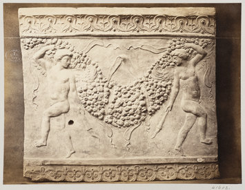 photograph - Bas-relief of portion of frieze of dancing figures with torches bearing festoon of fruit in terra cotta photograph - Bas-relief of portion of frieze of dancing figures with torches bearing festoon of fruit in terra cotta