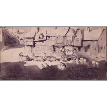 drawing - Pumpkin carriage drawn by three pairs of rabbits drawing - Pumpkin carriage drawn by three pairs of rabbits
