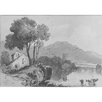 Watercolour - Watercolour landscape with cows in a lake Watercolour - Watercolour landscape with cows in a lake