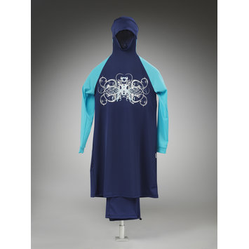 Swimsuit - Ahiida Modest-Fit Navy/Turqoise-ButterFly Ice/Silver Burqini Swimsuit - Ahiida Modest-Fit Navy/Turqoise-ButterFly Ice/Silver Burqini