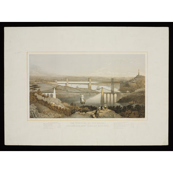 Colour lithograph - The wonders of the Menai in its suspension and tubular bridges Colour lithograph - The wonders of the Menai in its suspension and tubular bridges