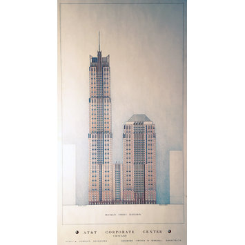 architectural drawing - Architectural drawing of AT&T Corporate Center and USG Building, Chicago, USA, by Adrian Smith, design partner, Skidmore, Owings and Merrill (SOM): elevation to Franklin Street, c.1985 architectural drawing - Architectural drawing of AT&T Corporate Center and USG Building, Chicago, USA, by Adrian Smith, design partner, Skidmore, Owings and Merrill (SOM): elevation to Franklin Street, c.1985