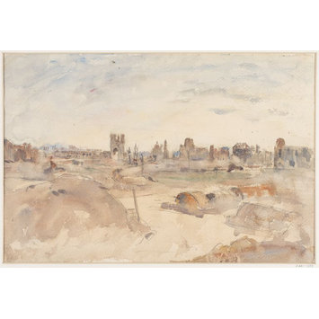 Watercolour drawing - View of Ypres after bombardment Watercolour drawing - View of Ypres after bombardment