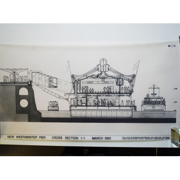 architectural drawing - Design, unexecuted, for Westminster Pier, Victoria Embankment, London, by Eva Jiřičná, March 1980: cross section 1-1 architectural drawing - Design, unexecuted, for Westminster Pier, Victoria Embankment, London, by Eva Jiřičná, March 1980: cross section 1-1