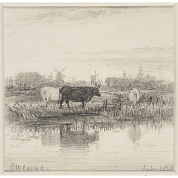 Drawing - Landscape sketch : cattle at the water's edge ; windmills and church in the distance Drawing - Landscape sketch : cattle at the water's edge ; windmills and church in the distance