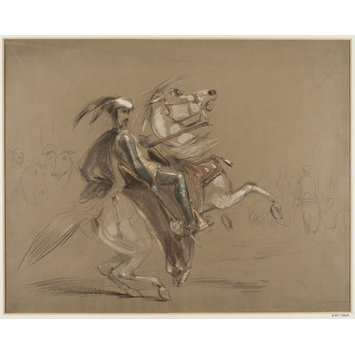 Drawing - A knight in armour on a rearing horse, with other riders in the background Drawing - A knight in armour on a rearing horse, with other riders in the background