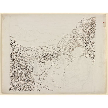 drawing - View along a lane bordered by a wall and trees, with rabbits and a boy crying drawing - View along a lane bordered by a wall and trees, with rabbits and a boy crying