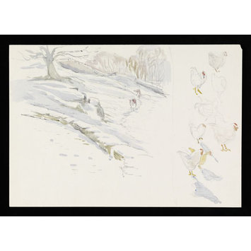 drawing - Snow scene with two cows (left) and sketches of chickens (right) drawing - Snow scene with two cows (left) and sketches of chickens (right)