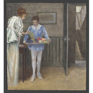 drawing - A lady being handed grapes by a page in an interior drawing - A lady being handed grapes by a page in an interior
